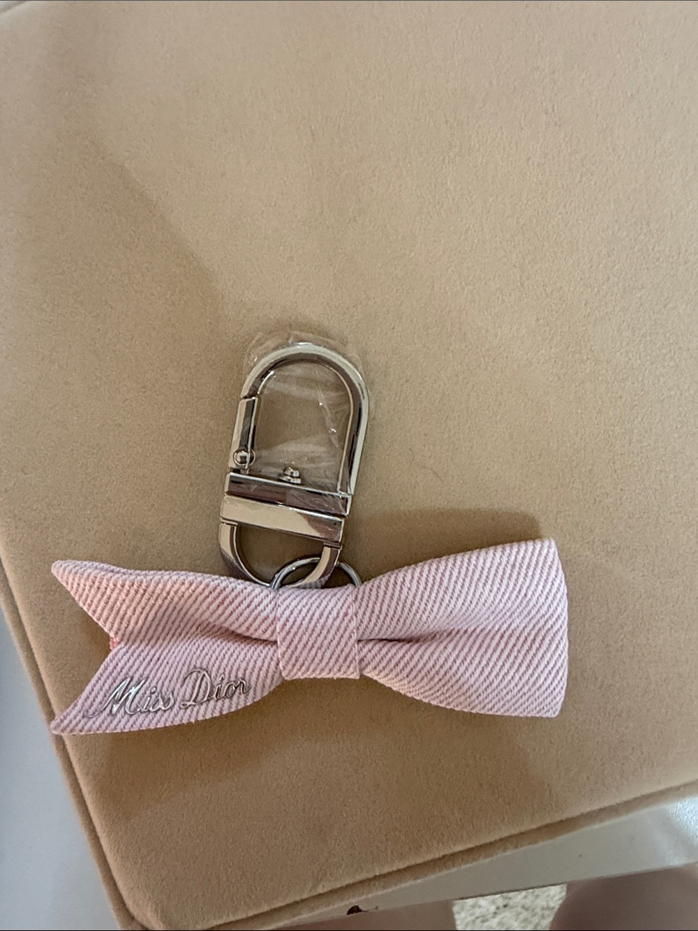 Dior Pale Pink Fabric Bow Keyring with Silver Hardware